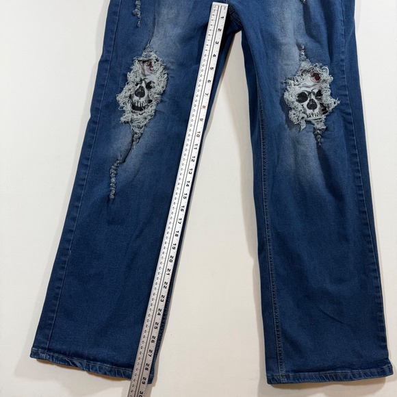 Stretchy Jeans Skull Ripped Denim Blue L Unique Grunge Rocker Punk Streetwear - Picture 5 of 11